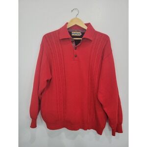 Remnes‎ Made in Sweden Mens Red Cable Knit Button Up Polo Lined Sweater